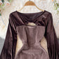 Robe vintage française à manches longues et col ras du cou avec coutures en velours 3722