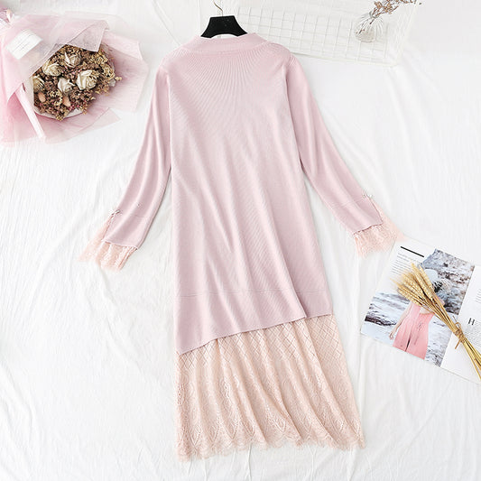 Sweater skirt lace stitching fake two-piece bottom long  4009