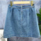 Art illustration cat head embroidery, heavy bead belt denim skirt  3531