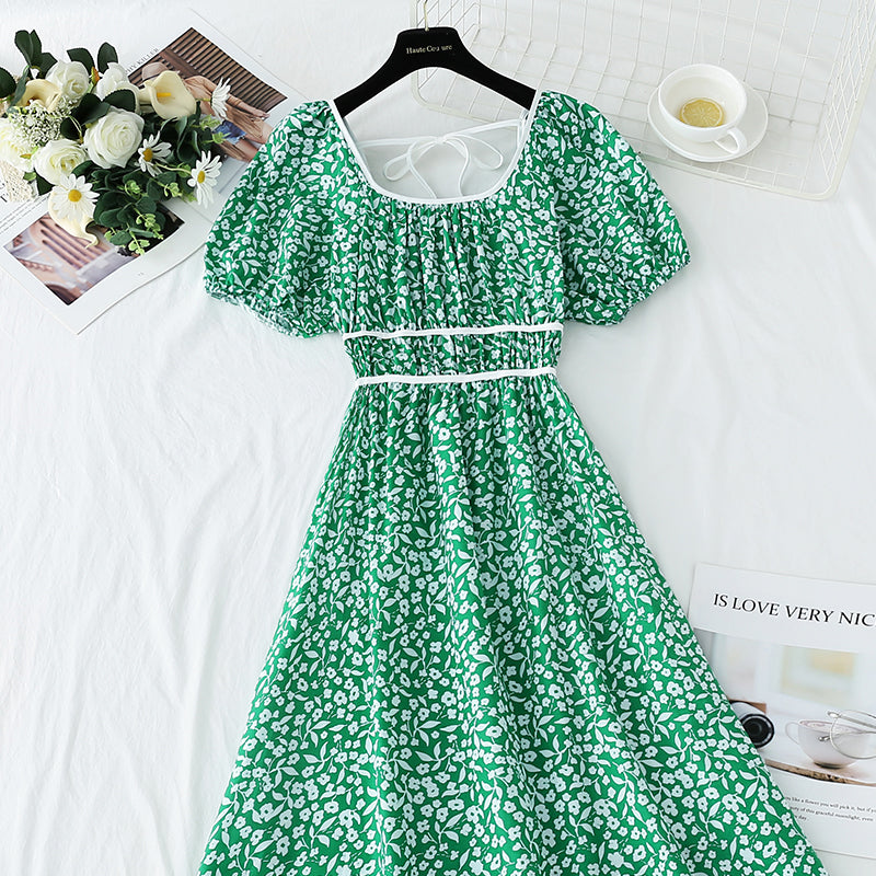 Small fresh sweet floral dress retro bubble sleeve  4274