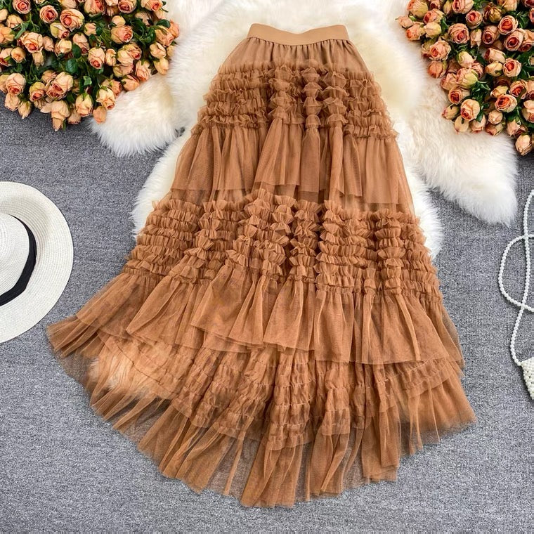 New style, high waist, solid color, irregular hem, mesh splice pompous skirt, A-line full skirt  3527