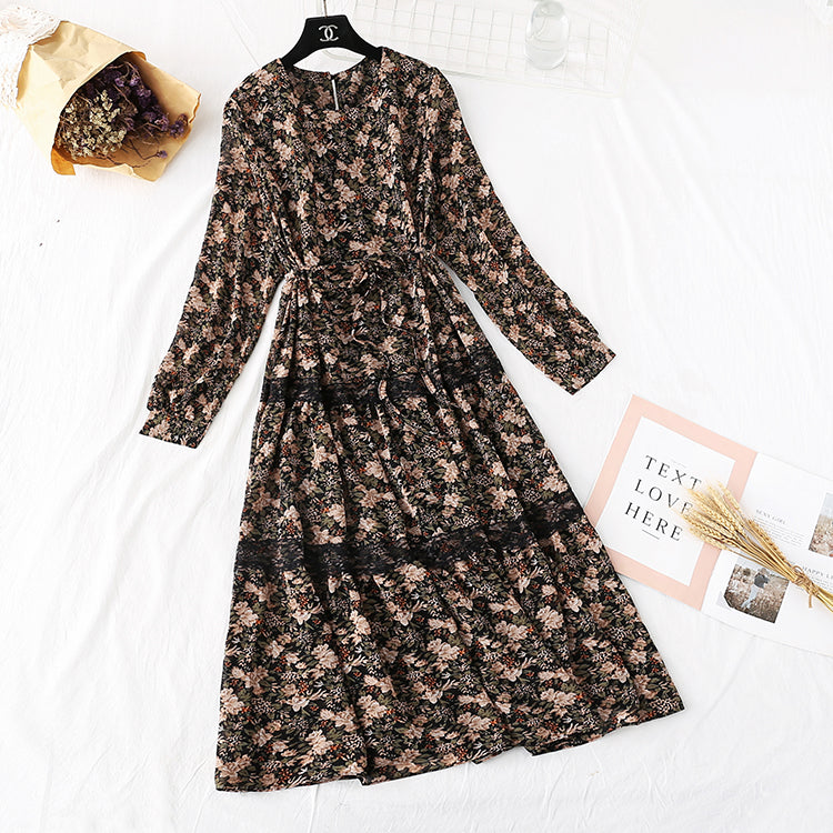 Korean Chiffon Dress French retro waist broken flower  3972