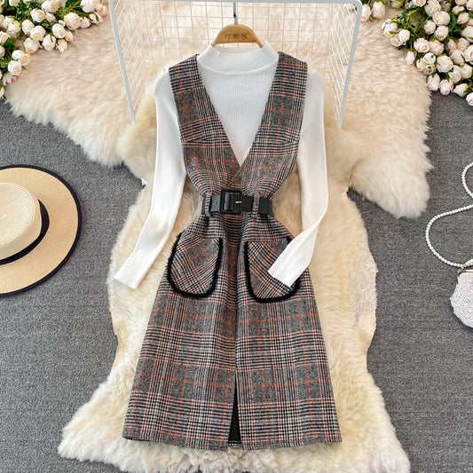 Woolen vest dress two piece stand collar knit bottoming shirt  3771