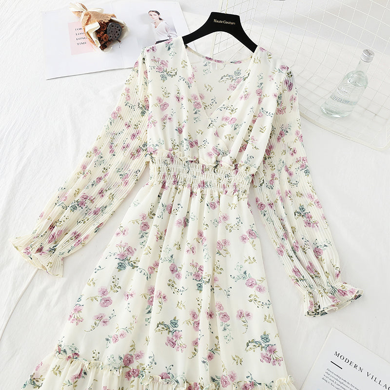 New gentle wind, slim slim, elastic waist, wrinkled Chiffon Floral Dress  4714