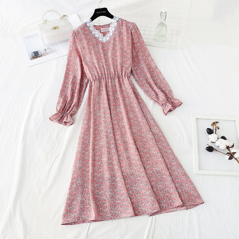 Robe florale à lacets à taille coupée coréenne, jupe fine et à fond 4840