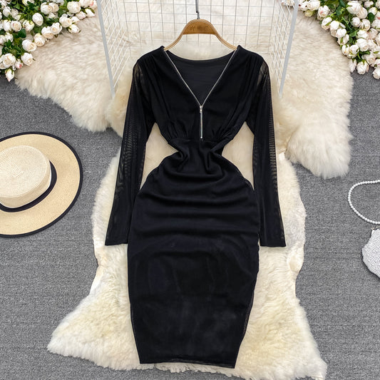 Sexy Hong Kong Style zipper split hip long sleeve V-neck dress  3788