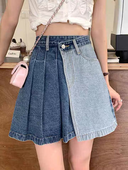 Spice Girl denim skirt, American vintage pleated skirt, patchwork high-waisted A-line shorts  3554