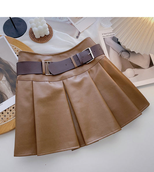 Age reducing pleated high waist A-line skirt with belt  5482