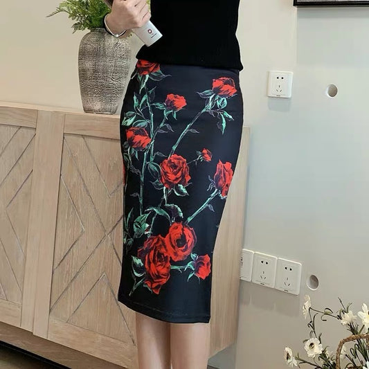 Vintage, ethnic style, high waist slim skirt, summer, new style, flower print bodycon stretch skirt  3534