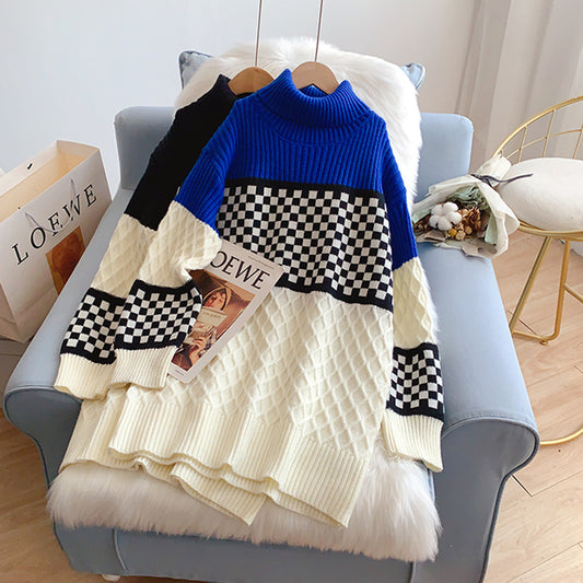 Checkerboard turtleneck sweater dress  5210