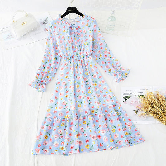 Lace up collar French soft wind Floral Dress  3837