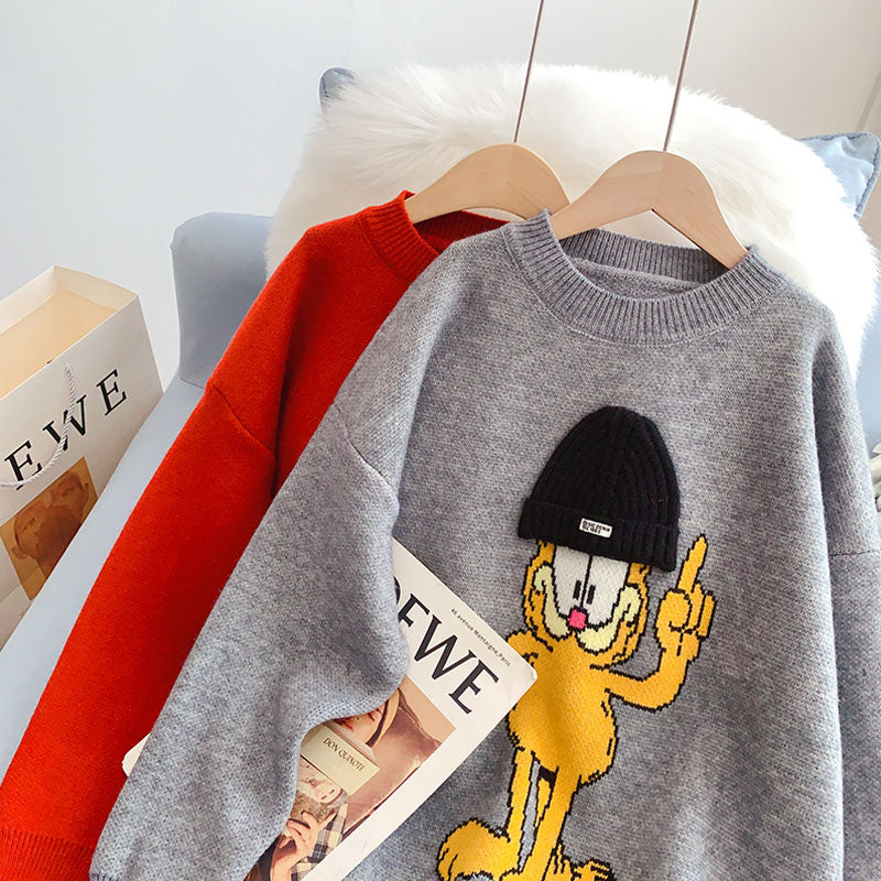 Red cute cartoon round neck sweater female  5142