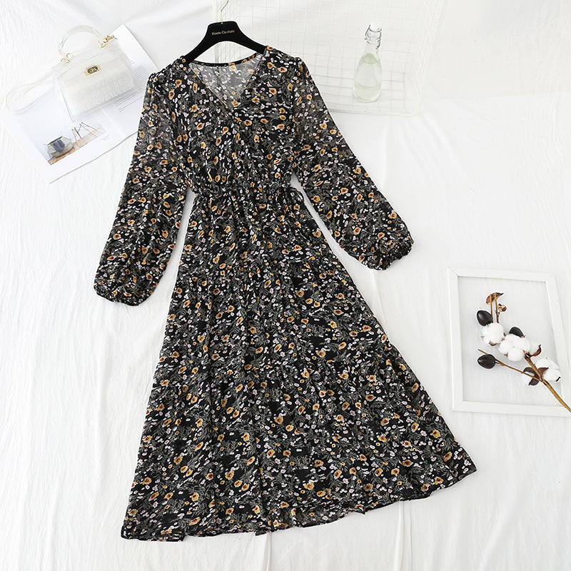 V-neck lace up waist Floral Dress  4798