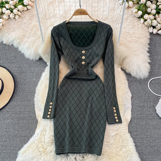 Long sleeve sexy personalized square neck knitted bag hip bottomed dress  3781