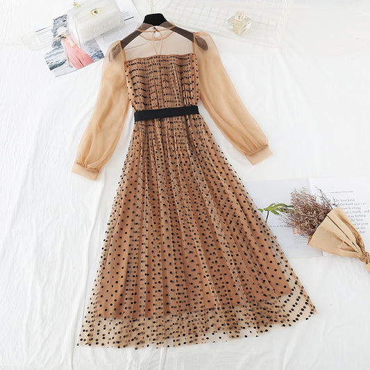 Gauze long sleeve pleated slim dress  4096