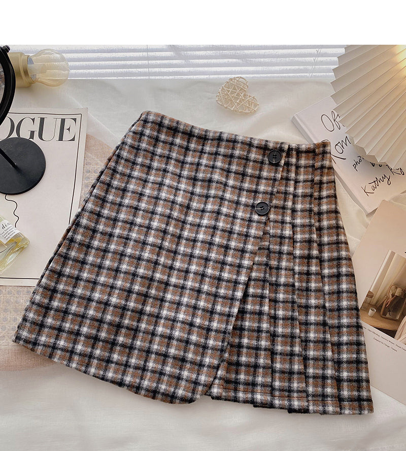 Aging Hong Kong style retro contrast checkered high waist A-line skirt  5475