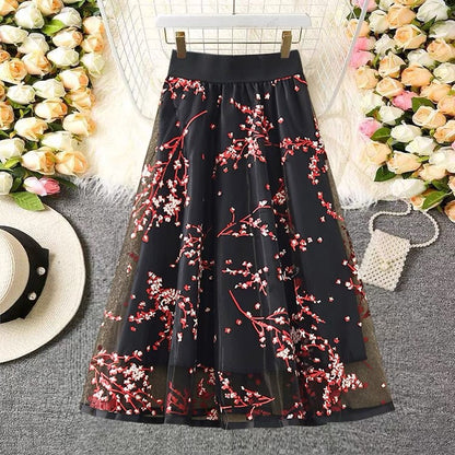 Mesh skirt, high-waisted print bouffant skirt with zipper, A-line skirt midi tulle skirt  3602