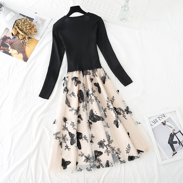 Irregular knit stitching fake two-piece mesh Butterfly Embroidery skirt female  3933