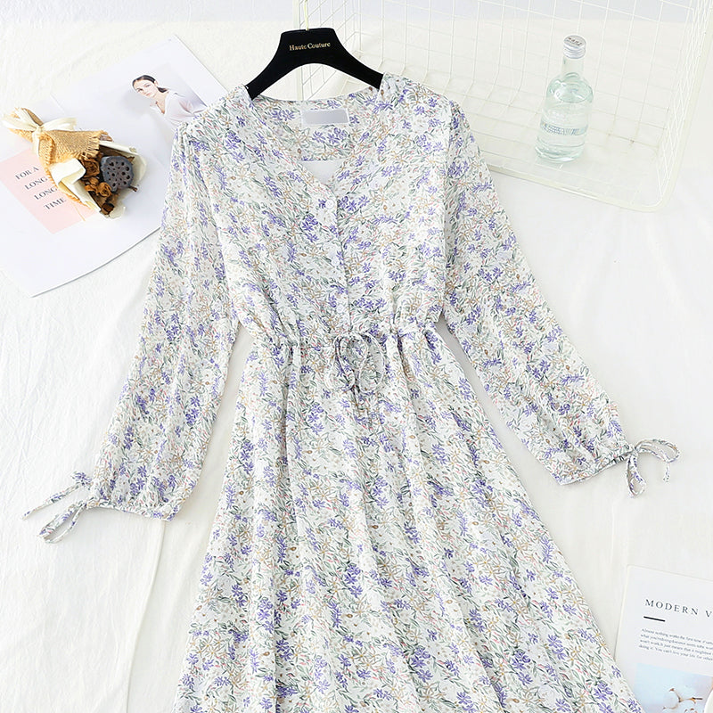 Waist lace up thin Chiffon gentle wind Floral Dress  3885