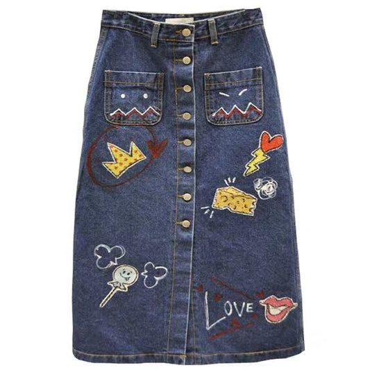 Neuer Stil für Frühling und Herbst, modischer Cowboyrock, figurbetonter Jeansrock für Frauen, süßer Druck A-Linie langer Rock 3671