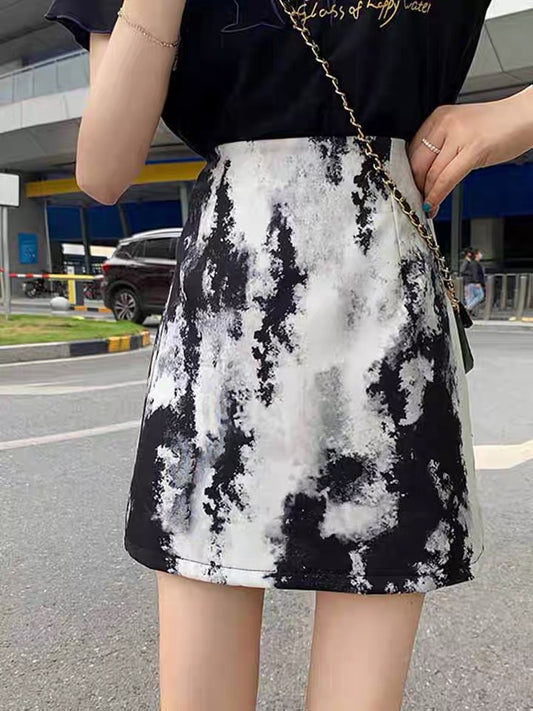 Personality ink bodyocn skirt, temperament, gentle high waist skirt, versatile A-line skirt  3557