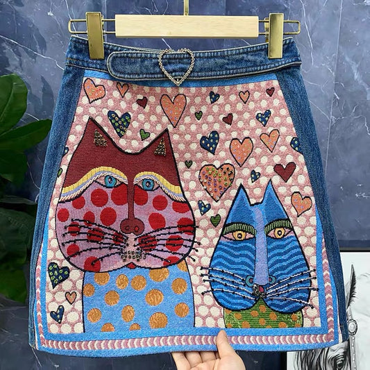 Art illustration cat head embroidery, heavy bead belt denim skirt  3531