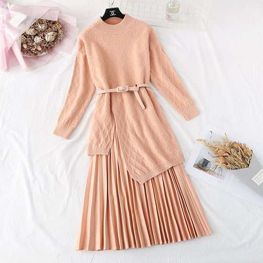 Knee knitted sweater pleated skirt two piece set  3962