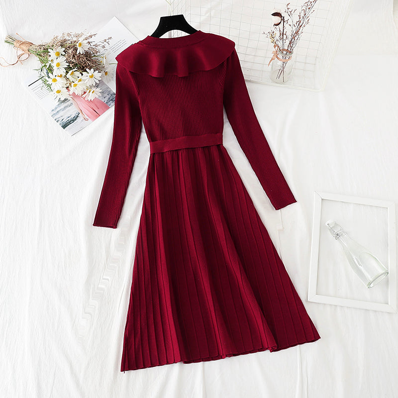 Ruffle lace up waist slim red dress  4068