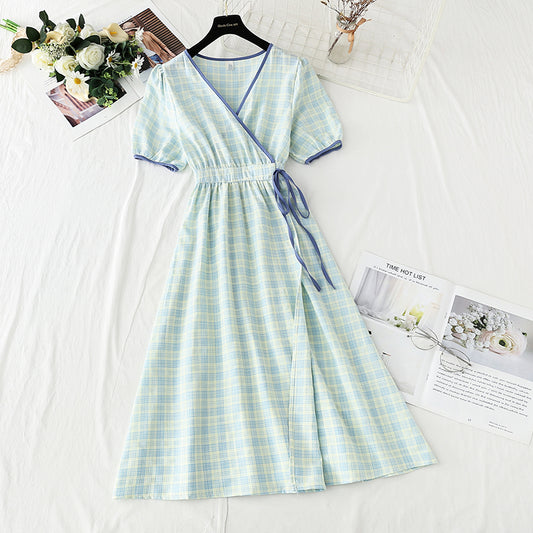 One piece cotton linen Plaid Dress waist closing temperament skirt  4262