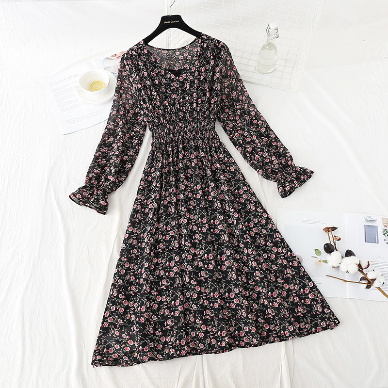 New women's pleated elastic waist Floral Dress  4816