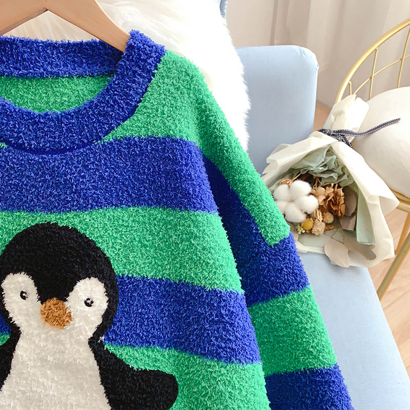 Japanese cute cartoon little penguin stripe lazy wind top  4984