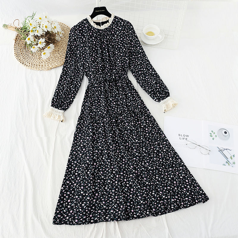 French retro floral dress slim chiffon long skirt  4829