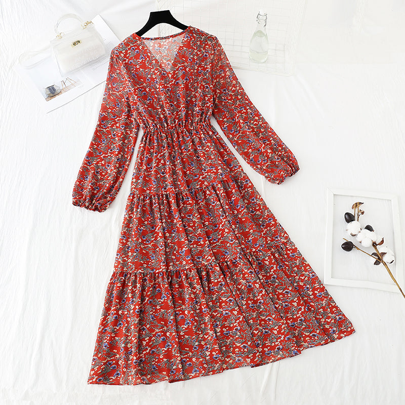 V-neck lace up waist Floral Dress  4798