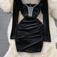 Robe portefeuille sexy en velours à col en V et taille diamantée 3742