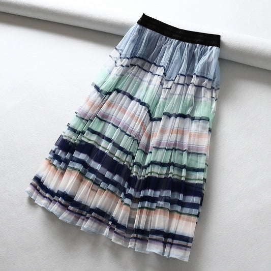 Women's wholesale new high waist rainbow stripe mesh pleated half skirt  3721