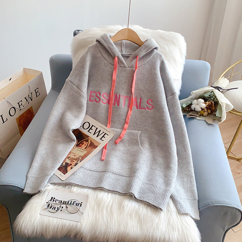 Lazy letter embroidered hooded sweater sweater women's sweater  5216