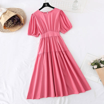 Narrow waist, bubble sleeves, French minority first love long skirt  4152