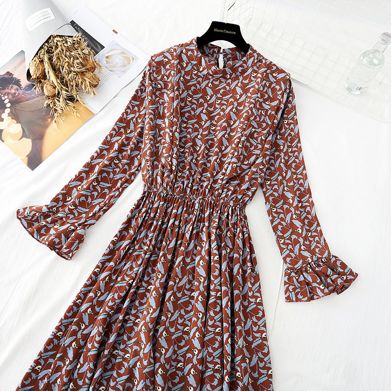 Ruffle sleeve waist closing slim large swing Floral Dress  4830