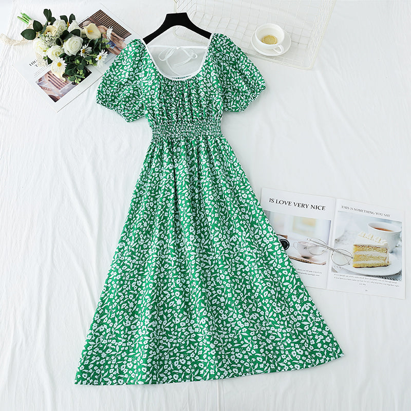 Small fresh sweet floral dress retro bubble sleeve  4274