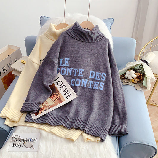 High neck sweater loose lazy coat letter sweater  5232