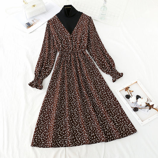 Robe fleurie en velours côtelé à taille fine et robe vintage 4555