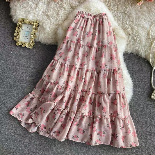 Elastic-waist floral chiffon skirt, all-match sweet long skirt, high waist fairy A-line big swing long skirt  3562