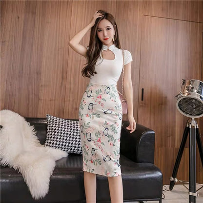 Spring and summer, new style, high waist skirt, slit midi skirt, elegant printed bodycon skirt  3537