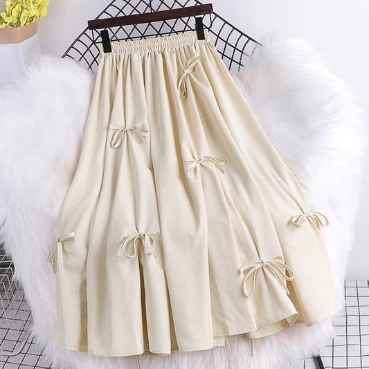 Summer, new style, high-waisted, bow-tie mid-length, stylish full-length A-line skirt  3544