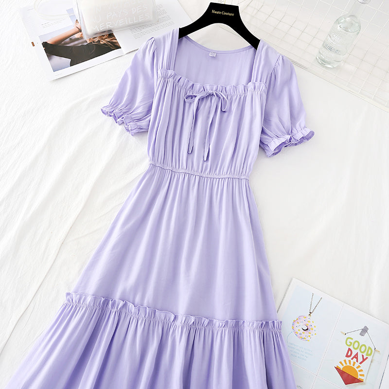 Robe de fée violette à col carré style rétro français 4169