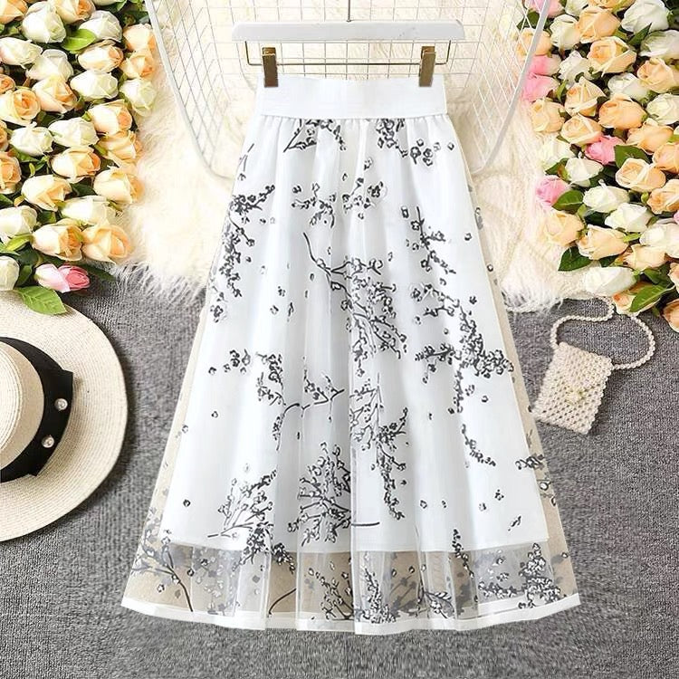 Mesh skirt, high-waisted print bouffant skirt with zipper, A-line skirt midi tulle skirt  3602