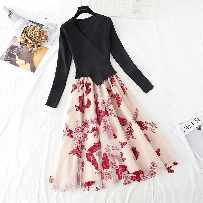 Irregular knit stitching fake two-piece mesh Butterfly Embroidery skirt female  3933