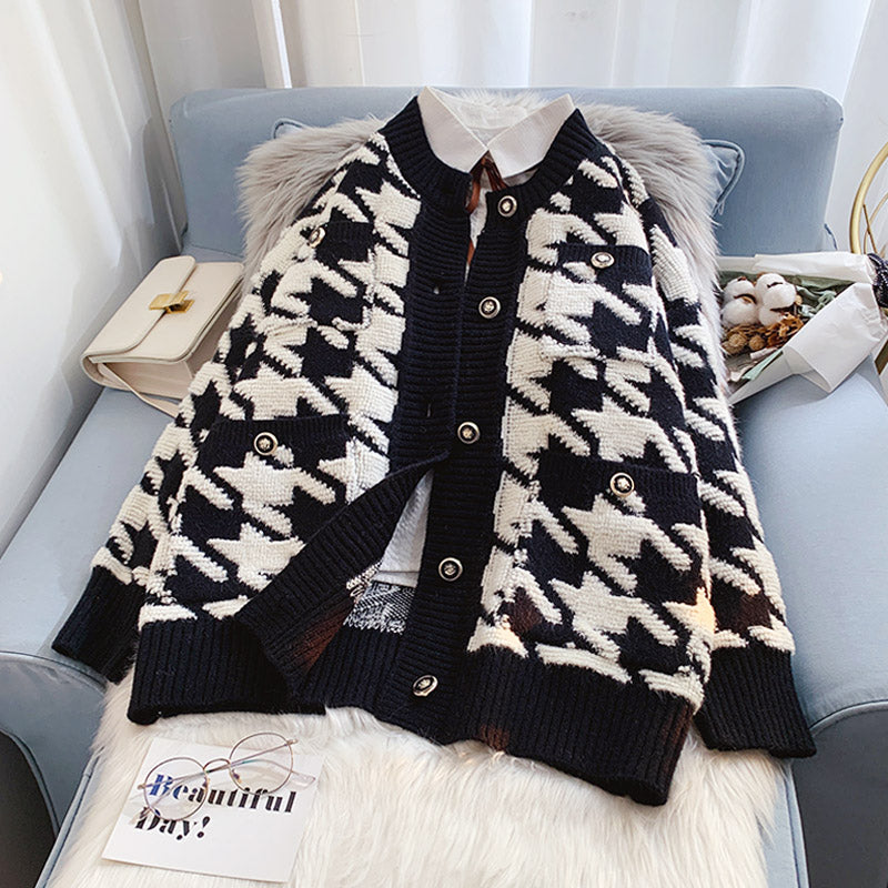 Qianniao check cardigan sweater xiaoxiangfeng knitted coat  5087