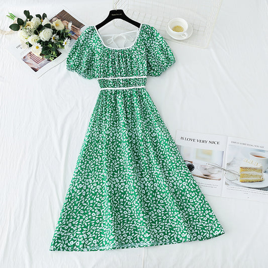 Small fresh sweet floral dress retro bubble sleeve  4274