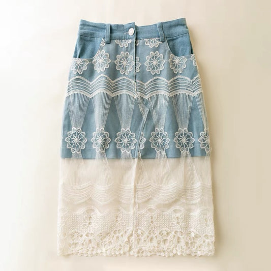 Summer style, literature and art, fashion, small fresh denim skirt, lace mesh splicing  3622